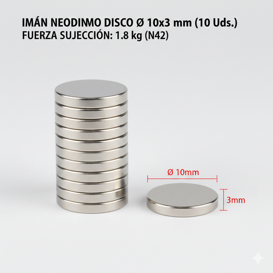 Pack 10 Imanes de Neodimio en Disco (Ø 10 x 3 mm)