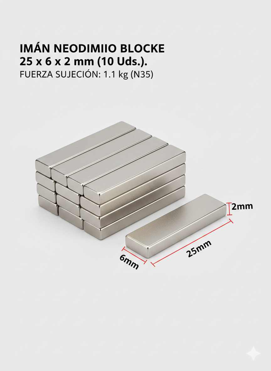 Pack 6 Imanes de Neodimio en Bloque (25 x 6 x 2 mm)