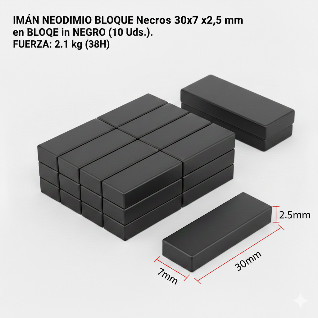 Pack 6 Imanes de Neodimio Negros en Bloque (30 x 7 x 2,5 mm)