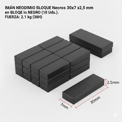 Pack 6 Imanes de Neodimio Negros en Bloque (30 x 7 x 2,5 mm)