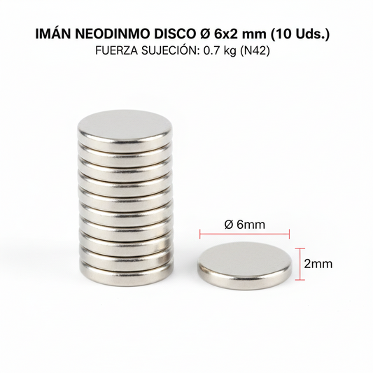 Pack 10 Imanes de Neodimio en Disco (Ø 6 x 2 mm)